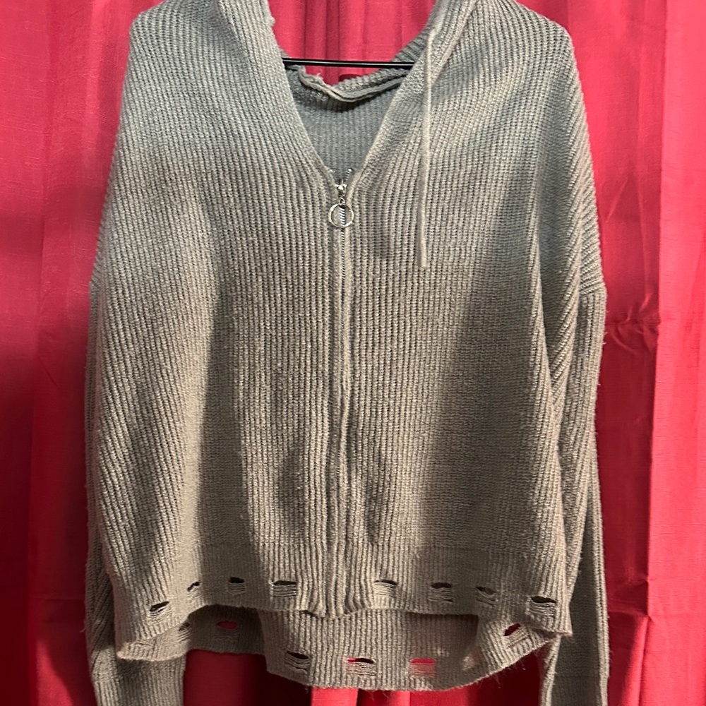 SHEIN Gray V-Neck Sweater with Hood